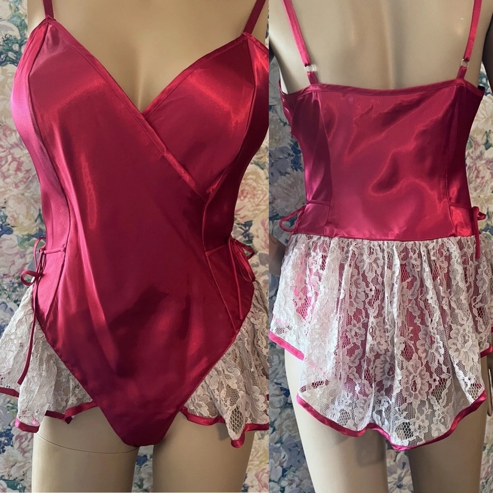 Vintage gold label Victoria's secret pink satin teddy lace ruffle skirt M